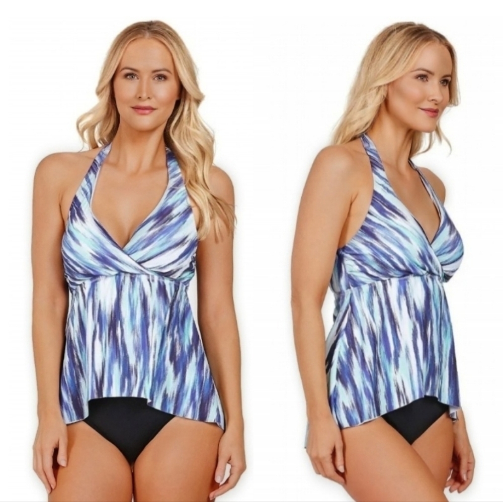 24th & Ocean Wrap Front Halter Tankini Swimsuit Top Blue Aqua Size Large